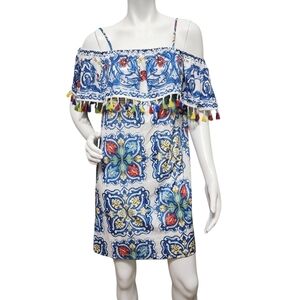 Boston Proper Boho Coastal Cowgirl Blue Print Dress Size M